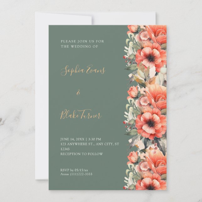 Bohemian Orange Floral Fall Green Wedding Invitation (Front)