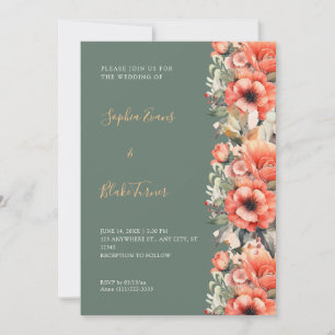 Bohemian Orange Floral Fall Green Wedding Invitation