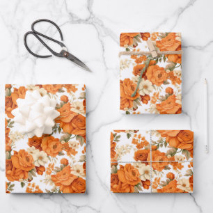 Bohemian orange flowers wrapping paper sheet
