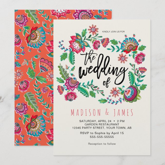 Bohemian Orange Folk Flowers Boho Chic Wedding Invitation (Front/Back)