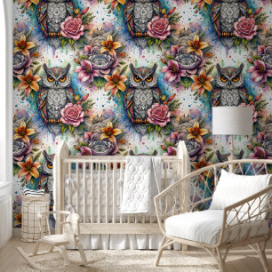Bohemian Owl & Blooming Roses Wallpaper