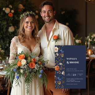 Bohemian Painted Flowers Navy Blue Rust Wedding Invitation
