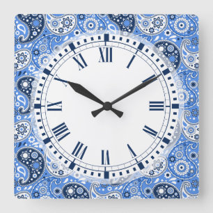 Bohemian Paisley Blue Country Farm Style Square Wall Clock
