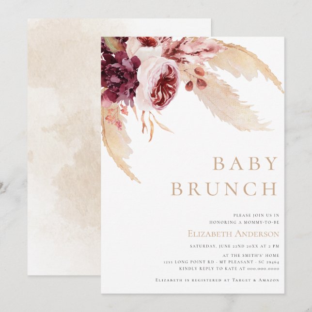 Bohemian Pampas Desert Grass Brunch Baby Shower Invitation (Front/Back)