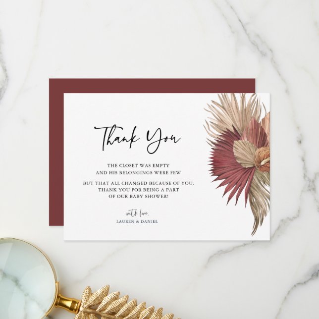 Bohemian Pampas Grass Baby Shower Thank You  Card (Front/Back In Situ)