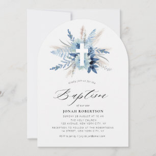 bohemian pampas grass blue floral cross baptism invitation