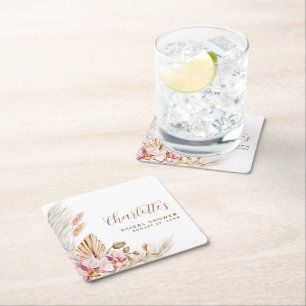 Bohemian Pampas Grass Blush Pink   Bridal Shower Square Paper Coaster