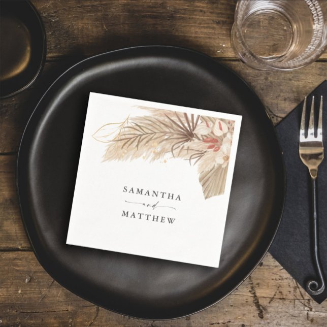 Bohemian Pampas Grass Dried Palm Wedding Napkin (Keep this boho theme throughout your wedding with the dried palm and pampas grass design.)