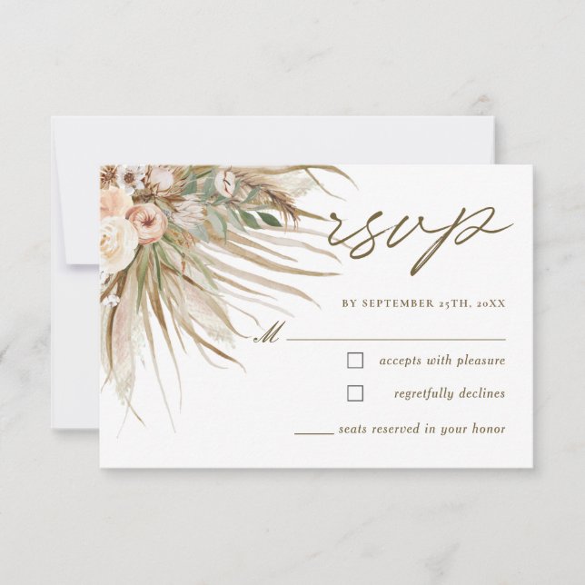 Bohemian Pampas Grass Earthy Tone Floral Wedding  RSVP Card (Front)