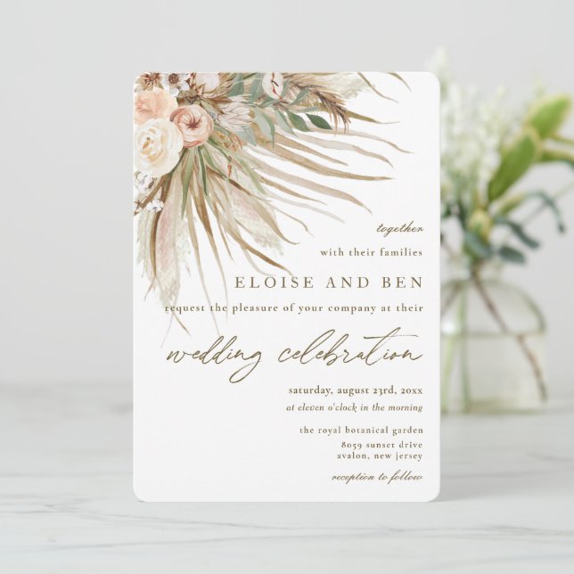 Bohemian Pampas Grass Earthy Tones Floral Wedding Invitation (Standing Front)