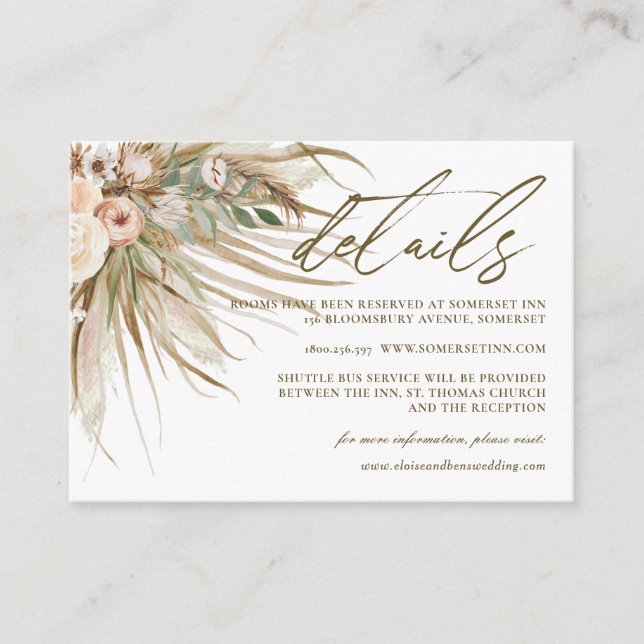 Bohemian Pampas Grass Earthy Tones Wedding Details Enclosure Card (Front)