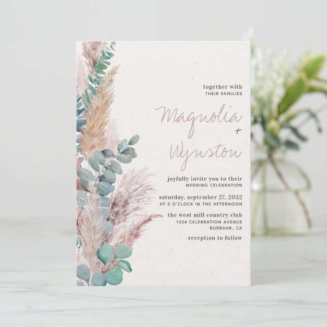 Bohemian Pampas Grass Natural Wedding Invitation (Standing Front)