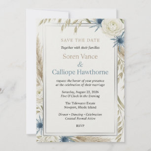 Bohemian Pampas Grass, Thistle & White Roses Invitation