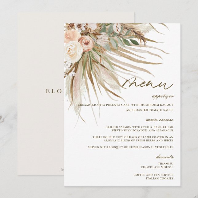 Bohemian Pampas Grass Wedding Bridal Shower Menu (Front/Back)