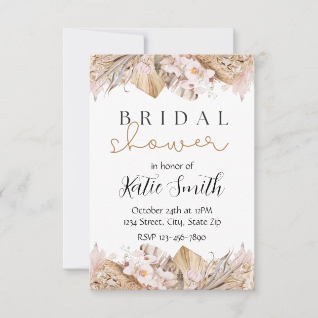 Bohemian Pampas Grass Wedding Invitation | Rustic  (Front)