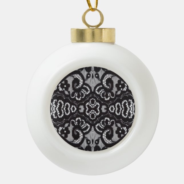 bohemian parisian floral victorian black lace ceramic ball christmas ornament (Front)