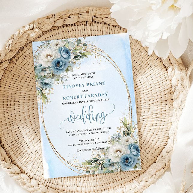 Bohemian Pastel Blue Floral Gold Wedding Invite (Bohemian Pastel Blue Floral Gold Wedding Invitation)