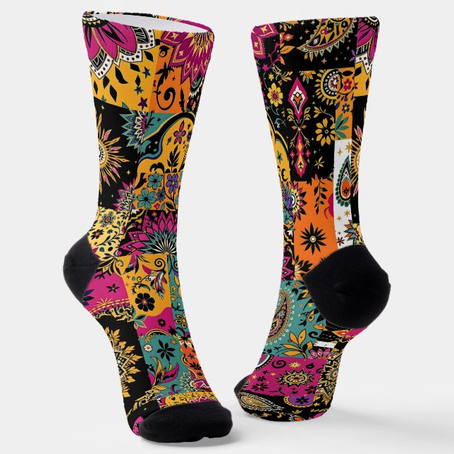 Bohemian Patchwork Mandala and Paisley Pattern Socks (Angled)