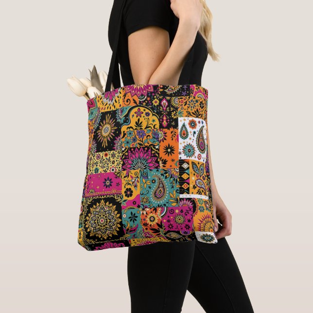 Bohemian Patchwork Mandala and Paisley Pattern Tote Bag (Close Up)