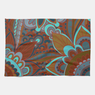 Bohemian Pattern, Turquoise and Brown Tea Towel