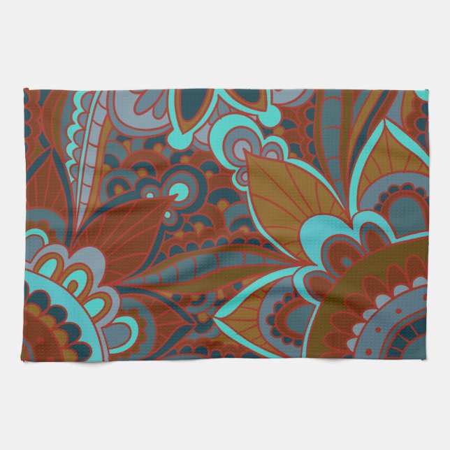 Bohemian Pattern, Turquoise and Brown Tea Towel (Horizontal)