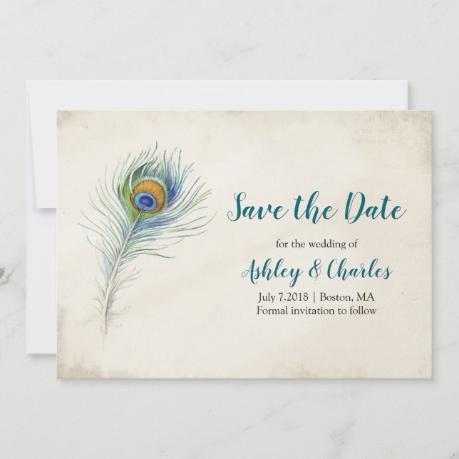 Bohemian Peacock Feather Elegant Teal Wedding Save The Date (Front)
