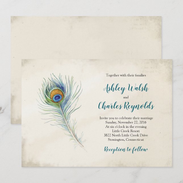 Bohemian Peacock Feather Vintage Teal Wedding Invitation (Front/Back)