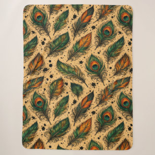 Bohemian Peacock Feathers Pattern Sherpa Blanket
