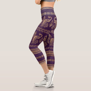 Bohemian peacock purple and gold elegant  capri leggings