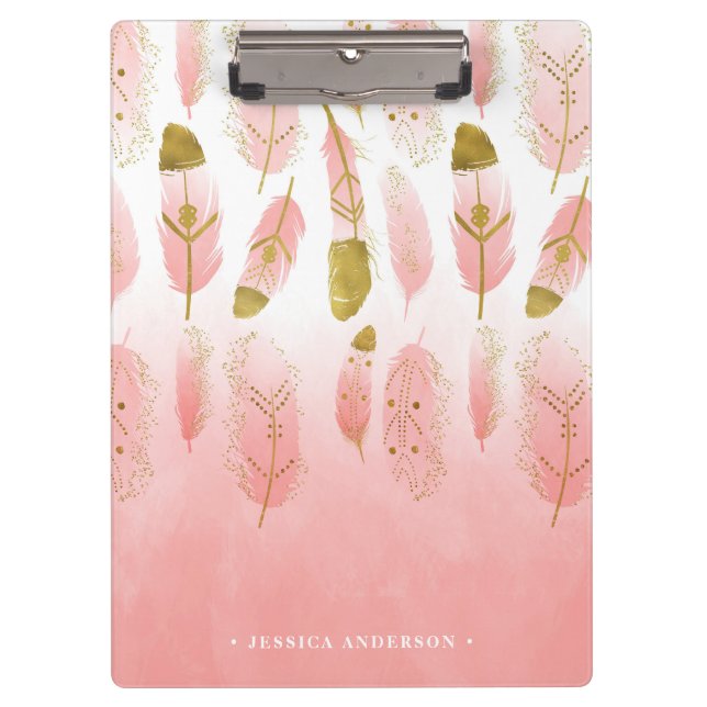 Bohemian Pink and Gold Feathers Ombre Clipboard (Front)