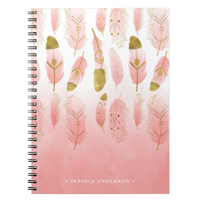 Bohemian Pink and Gold Feathers Ombre Notebook (Front)