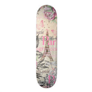 Bohemian pink black floral Paris Eiffel Tower typo Skateboard