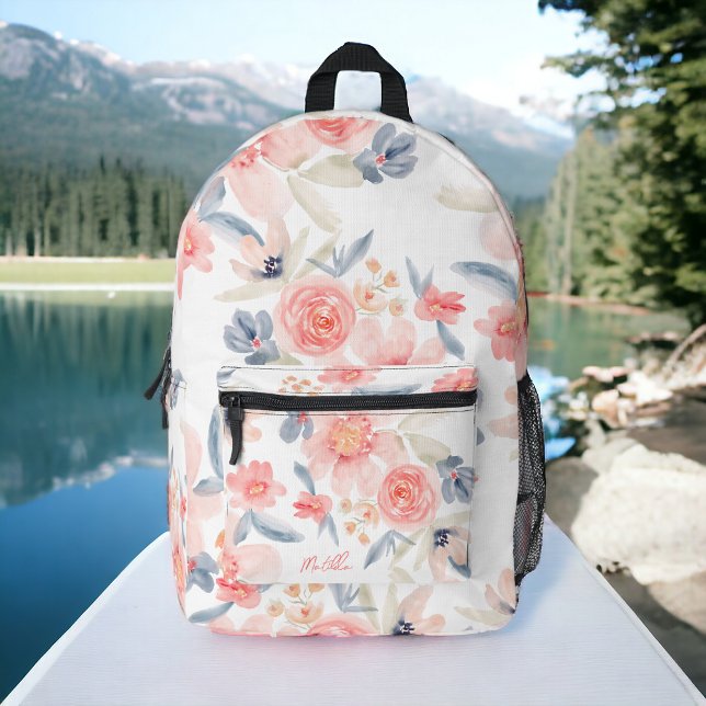 Bohemian pink blue flower name floral pattern printed backpack (Bohemian pink blue flower name floral pattern printed backpack)