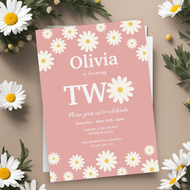 Bohemian Pink Daisy Floral 2nd Birthday party Invitation (Creator Uploaded)