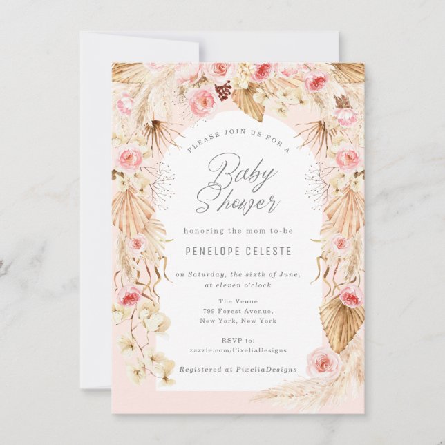 Bohemian pink floral pampas arch baby girl shower invitation (Front)