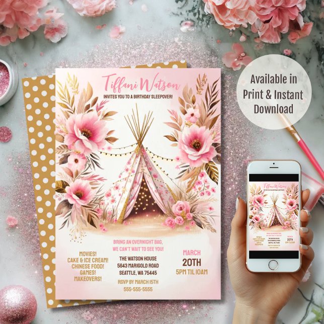 Bohemian Pink Floral Twinkle Lights Sleepover  Invitation (Creator Uploaded)