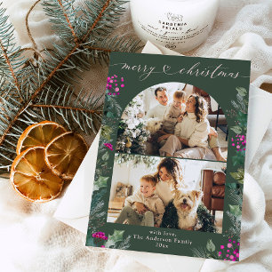 Bohemian Pink Green 2 Photo Arch Merry Christmas  Holiday Card