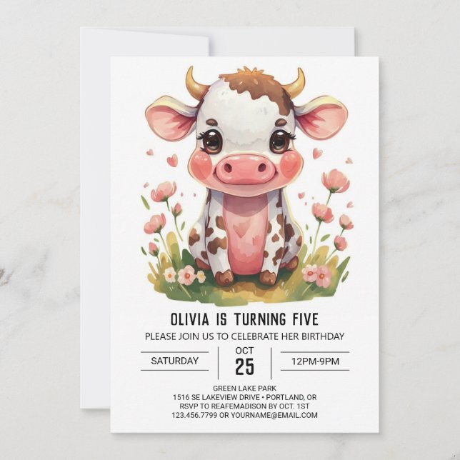 Bohemian Pink Modern Cow Birthday Invitation (Front)