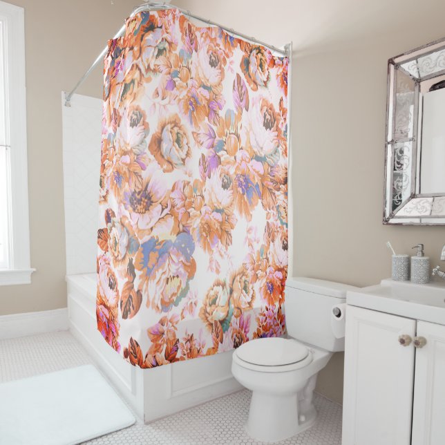 Bohemian pink orange brown teal roses floral  shower curtain (In Situ)