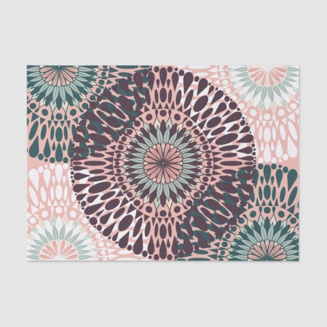 Bohemian Pink Purple Teal Floral Mandala Drawing Tissue Paper (Front)