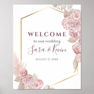 Bohemian Pink Roses and Golden Wedding Welcome Poster