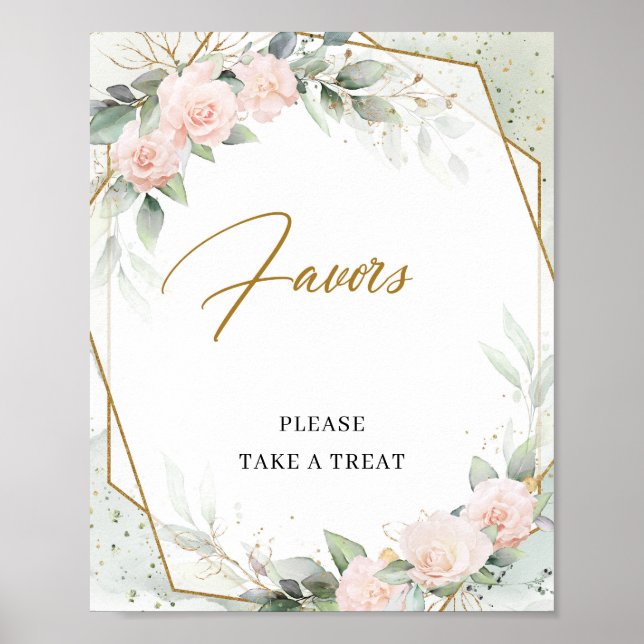 Bohemian pink roses greenery and gold Favours sign (Front)