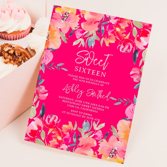 Bohemian pink watercolor flowers Sweet 16 birthday Invitation (Bohemian pink watercolor flowers Sweet 16 birthday Invitation on neon pink)