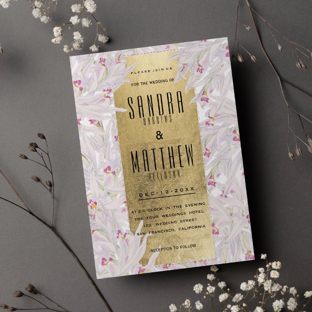 Bohemian pink white gold orchid floral Wedding Invitation (Bohemian pink white gold orchid floral Wedding)
