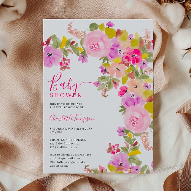 Bohemian pink wildflowers spring baby shower invitation (Bohemian pink wildflowers spring baby shower invitation)