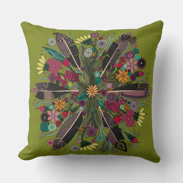 bohemian posy green cushion (Front)