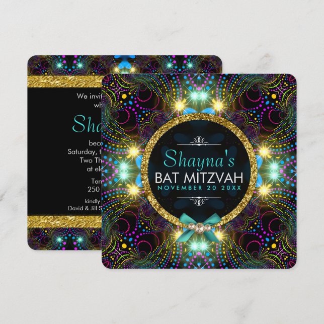 Bohemian Princess Pretty Lights Bat Mitzvah Invitation (Front/Back)