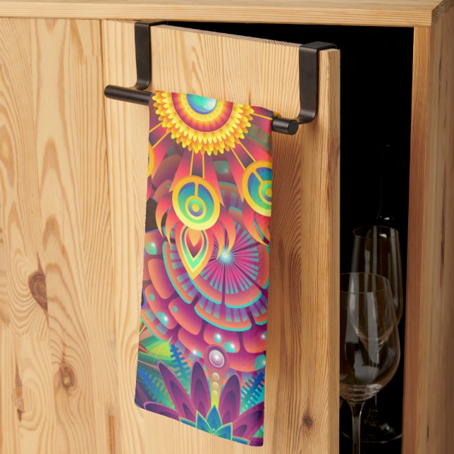 Bohemian Psychedelic Garden Retro Boho Colourful K Tea Towel (Thirds Fold)