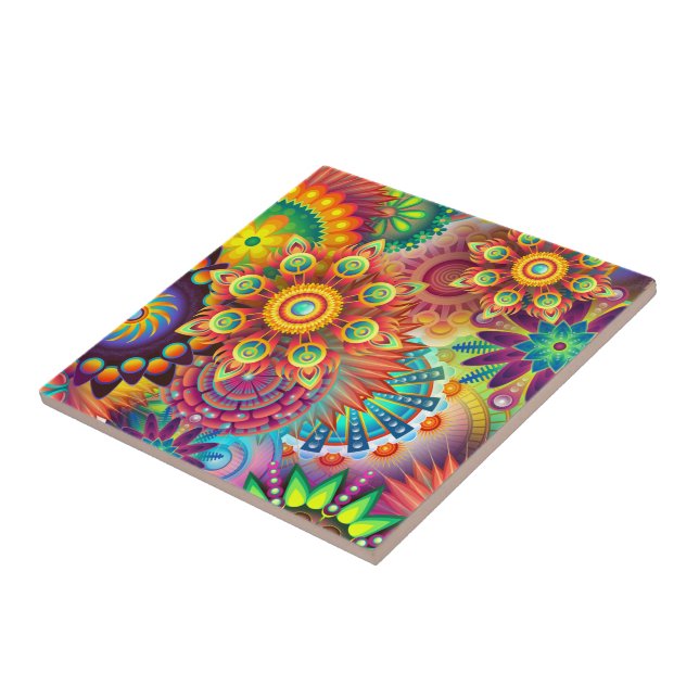 Bohemian Psychedelic Garden Retro Boho Colourful Tile (Side)