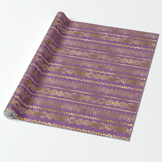 Bohemian Purple and Gold Foil Peacock Pattern Wrapping Paper (Unrolled)